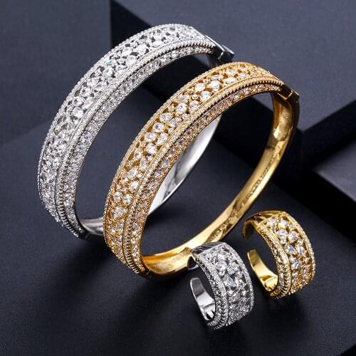Jankelly luxury Unique African Bangle Ring Set Jewelry Sets For Women Wedding Cubic Zircon Crystal CZ Dubai Bridal Jewelry Set