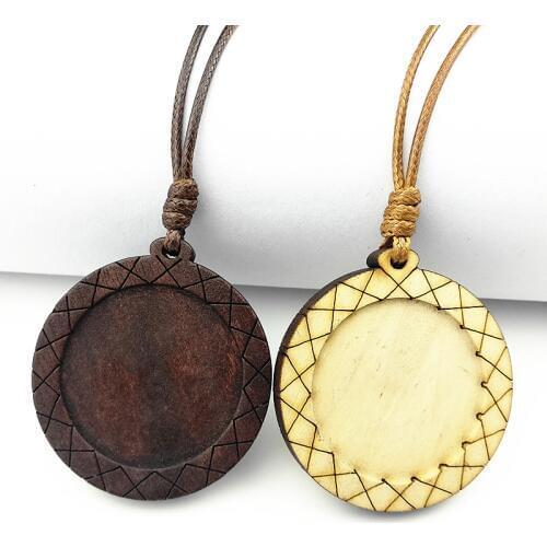Jiangzimei 24pcs Dark Brown, blog Wood Pendant settings 30mm round blank wooden cabochon with leather cord for necklace making
