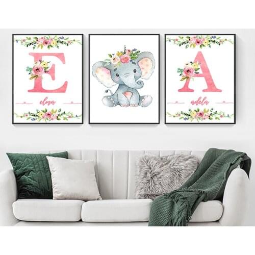 Painting Wall Art Pictures For Baby Girl Room Decor Nordic Poster Custom Name Posters And Prints Flowers Elephant Nursery Canvas