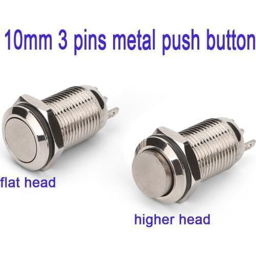10mm 3pins Metal Button Switch Panel Hole Latching Power Push Button Flat and Higher Head Locking Reset button 1NO1NC switch