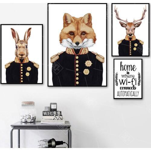 Cute Cartoon Animals Canvas Painting Deer Fox Military Uniform Wall Art Picture for Living Room Nordic Poster And Print No Frame