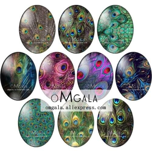 Fashion Peacock Feather Patterns 13x18mm/18x25mm/30x40mm Oval photo glass cabochon flat back Making findings