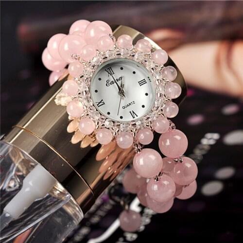 Fashion Nature Jewelry Rose Quartz Watch for Women Wrist Watch Wristwatch Girls Students Gifts Pink Bracelet