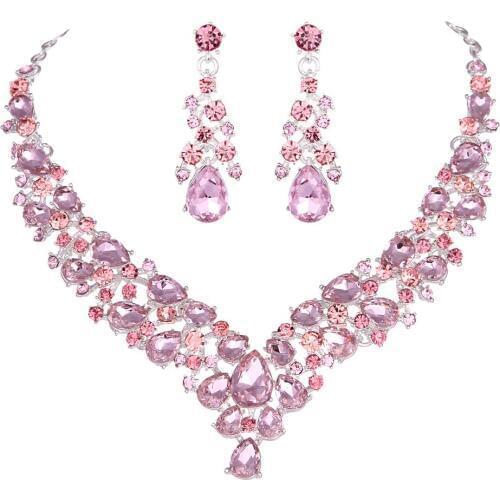 Crystal Pink Bridal Jewelry Sets teardrop Shape Wedding Necklace Earrings African fashion party Jewelry Sets Accessories 8 color