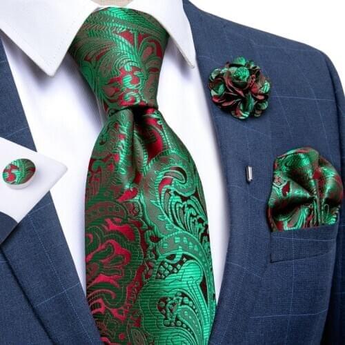 New Fashion Green Ties For Men Red Paisley 8cm Silk Necktie Brooch Handkerchief Set Men Wedding Party Business Ties DiBanGu