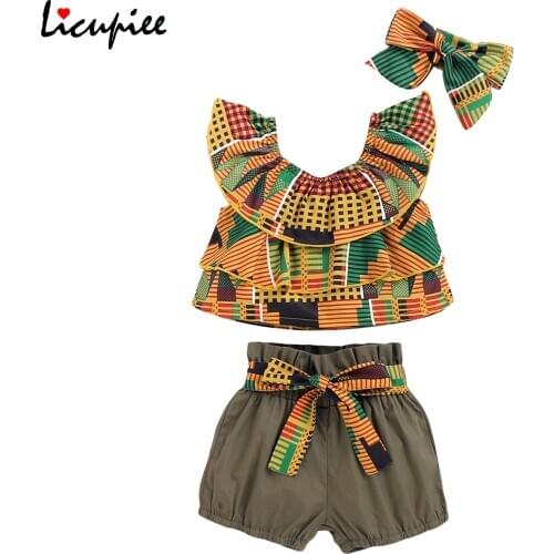 1-5 Years 3 Piece Set Girls Clothes Fashion Geometric Print Sleeveless Tops and Solid Color Short Pants with Headband