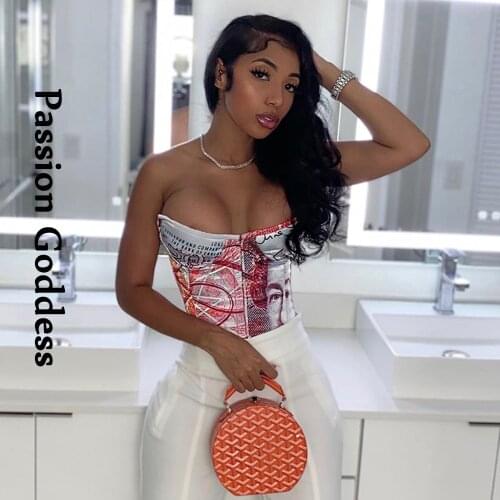 Sexy Women US Dollar Money Print Corset Tubes Sleeveless Slim Low-cut Vest Button Corset Crop Top Party Off Shoulder Tank Top