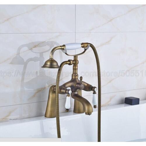 Bathtub Faucets Antique Brass Shower Faucets Dual Handle Deck Mounted Bath And Shower Faucet With Handheld Showers zan008