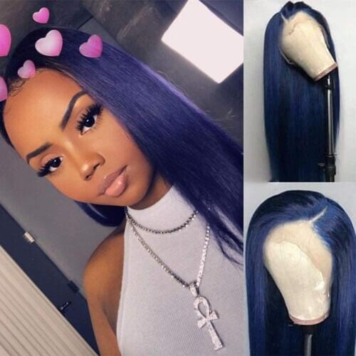 Dark Blue Long Synthetic Lace Front Wigs for Women Middle Part Natural Hairline Pastel Blue Lace Wig with Baby Hair Heat Fiber