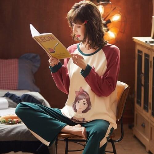 Spring And Autumn Womens Cartoon Splicing Thin Long Sleeve Summer Full Sleeve Red Colour Pajamas Set