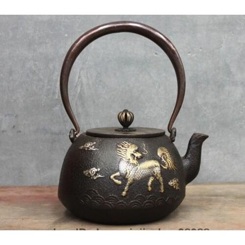 Japanese Iron Silver Gilt Unicorn Dragon kylin Crane Flagon Kettle Wine Tea Pot