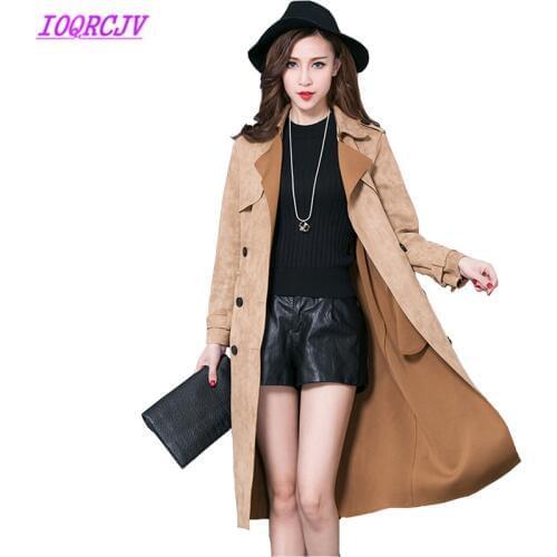 Plus size 6XL Spring Autumn Women Buckskin Suede Windbreaker Coats Fashion Solid color Belt Slim Female Trench Coat IOQRCJV Q098