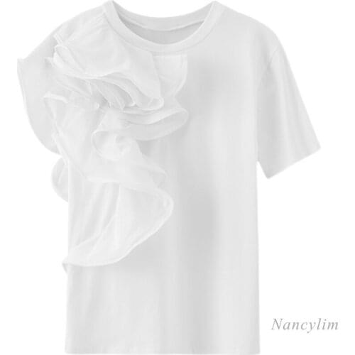 White Cotton T Shirt Women 2021 Summer Korean Style Ruffled Stitching Short Sleeve Loose All-Match Lady Tops Camisetas De Mujer