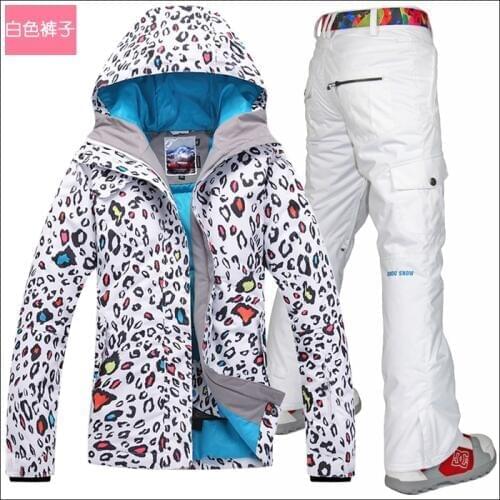 Womens Leopard Ski Jacket And White Pants Suit Female Winter Riding Climbing Snow Clothes Sportswear Skiwear