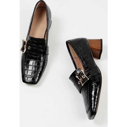 MORDOAN Big Size 44-45 Genuine Cowhide Lady Shoes Mid-Heel Square Toe White Crocodile Pattern Loafers For Women 2021 Autumn