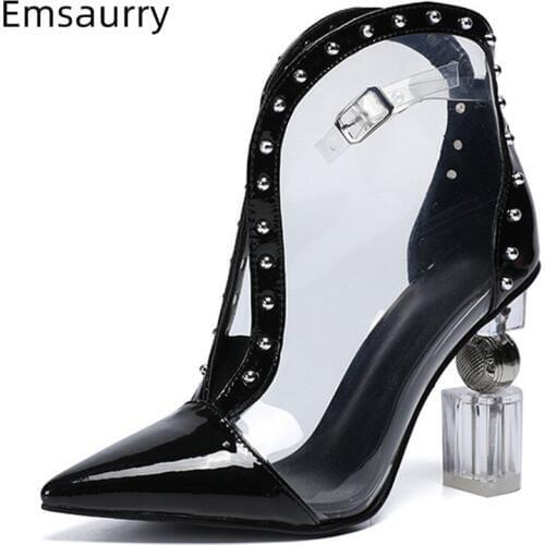 Novelty Crystal Metal Strange Heel Short Booties Sexy Pointed Toe Studded Buckle PVC Transparent High Heel Ankle Boots Women