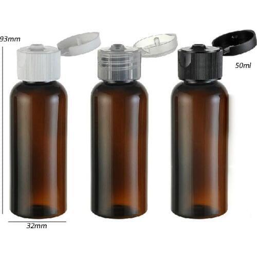 50 x 50ml Refillable amber pet bottle with flip top cap 50cc amber plastic bottle 50ml Portable cosmetic packaging