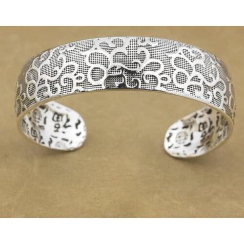 999 Pure Silver Flower Charm Blessing Bracelet Bangle 9A016 Fits wrist: 6.1" ~ 7.3"