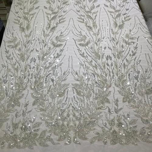 White Luxury Design French Net Floral Mesh Flower Embroidered Lace Fabric by the Yard Tulle with Sequins Pearls Gorgeous Dresses