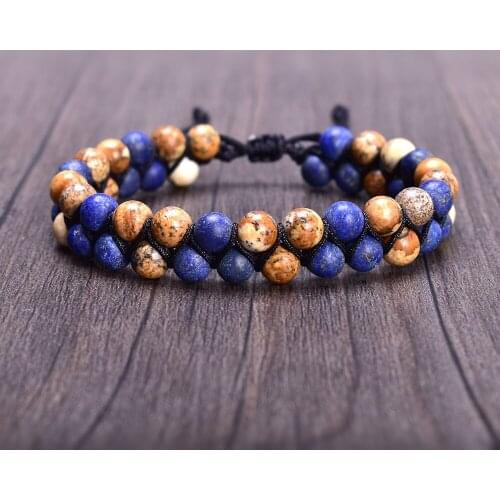 Natural Stone Jewelry 6mm Lapis Lazuli and Picture Jasper Male Bracelet Braided Double Layer Strand Adjustable Bracelet for Men