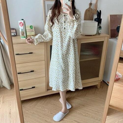 Double layer gauze women nightgown spring autumn sleepdress long sleeve ruffles floral print loose cotton night home dress L545