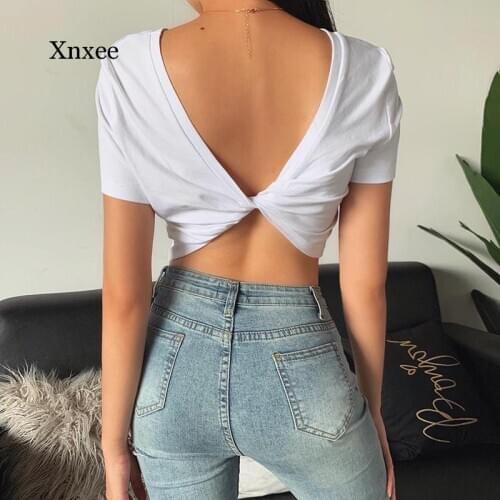 Reversible Cross Bow V Neck T-Shirt Women Summer Sexy Solid Short Sleeve Cotton Crop Top High Street Party Club Tee Top Clothing