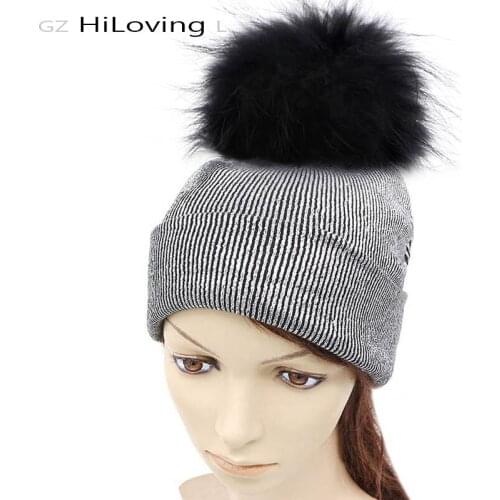 GZHilovingL Autumn Winter Womens Fur Pompom Beanies Hats Solid Metallic Knitted Skullies Caps Soft Polyester Hats For Girls Hats