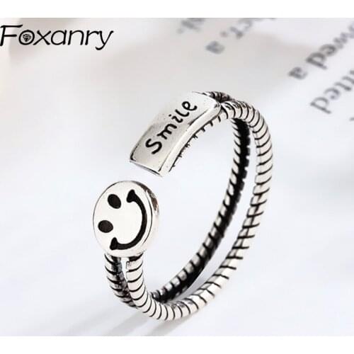 Foxanry 925 Sterling Silver Couples Rings for Women Summer New Trend Vintage Creative Smiley Double Layer Twist Jewelry Gifts