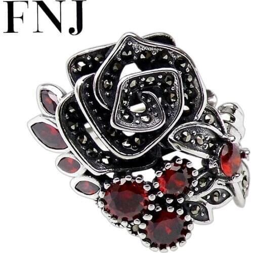 FNJ Rose FLower Rings 925 Silver Adjustable Size Open Popular S925 Solid Silver Ring for Women Jewelry Fine Red Zircon Dragonfly