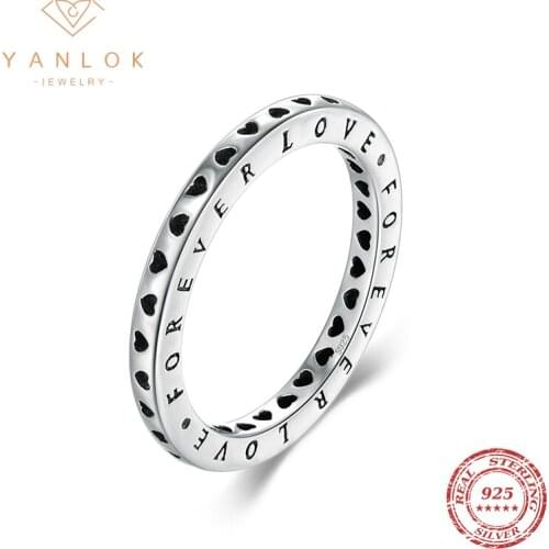 YANLOK Pure 925 Sterling Silver Simple Engrave Forever Love Letter Finger Rings for Women Fine Jewelry Anniversary Gift