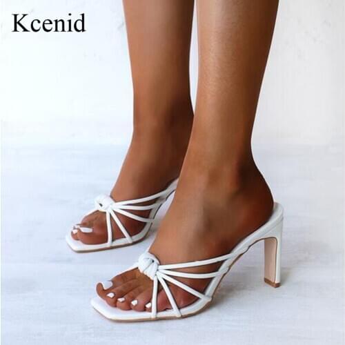 Kcenid Summer New Fashion Narrow Band White Women Mules Sexy High Heels Womens Slippers Sandals Square Open Toed Ladies Shoes