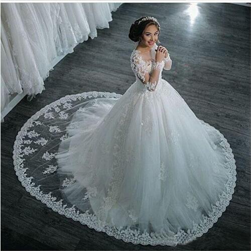 Fashion New Style Illusion Jewel Collar Lace applique Beaded Custom made Long Sleeves Muslim Bridal Wedding Dresses