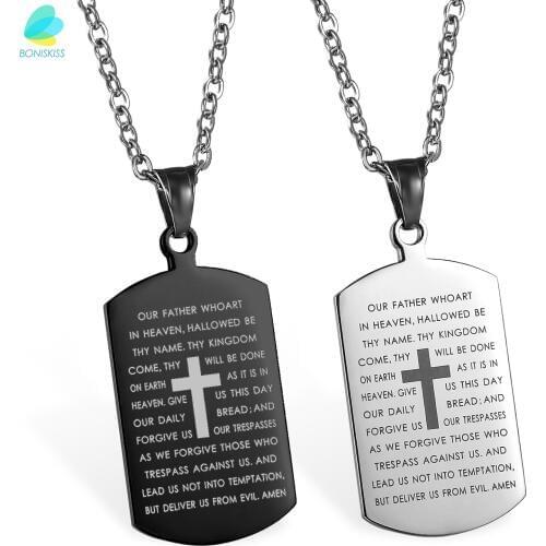 BONISKISS 316L Mens Stainless Steel Necklace Croos Lords Prayer Bible Engraved Pendant Tag Man Long Suspension Chain Jewelry