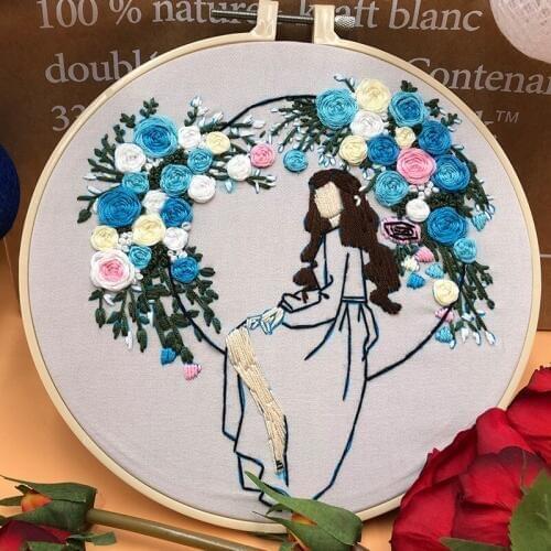 DIY Embroidery Material Package Cartoon Girl Hand Bouquet Pattern 3D Embroidery Kits Beginner Bordado Cross Stitch Sewing Tools