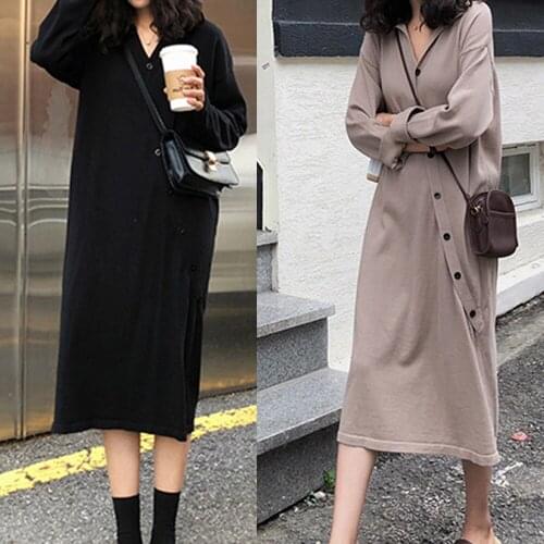 Solid Women Dresses Plus Size Fashion Turn-Down Collar Casual Single Button Knitted Dress For Women One-Piece New Year Dress