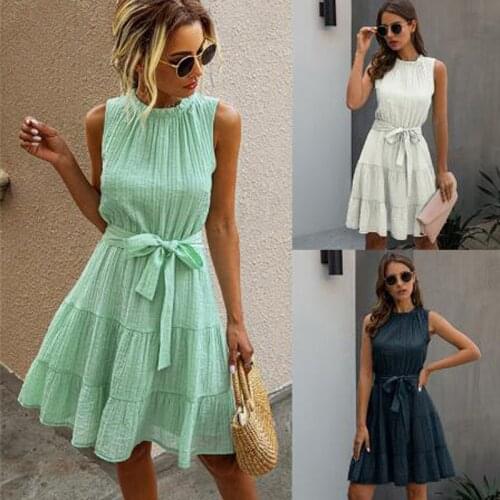 Solid Color A-Line Dress Summer Women Fashion Bandage Ruffles Decor O-Neck Sleeveless High Waist Slim Pullovers Mini Dress 2021