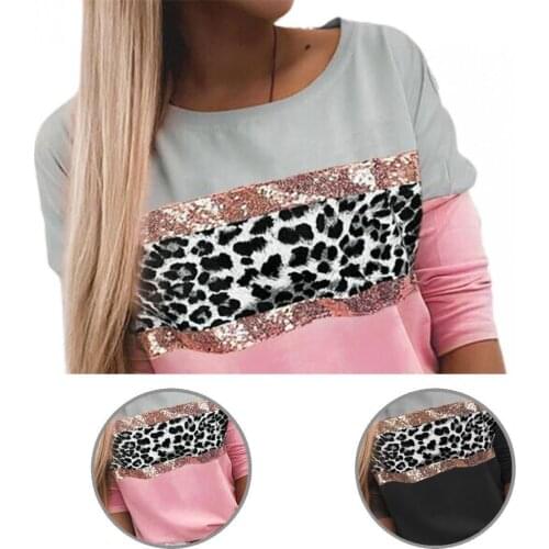 Stitching Young Leopard Print Sequin Spring Top for Going Out Simple