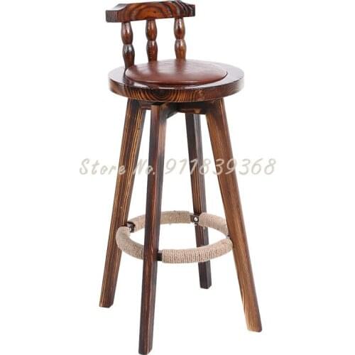 Retro European Solid Wood High Stool Modern Simple Back Bar Chair Front Desk Household Rotary Bar Stool