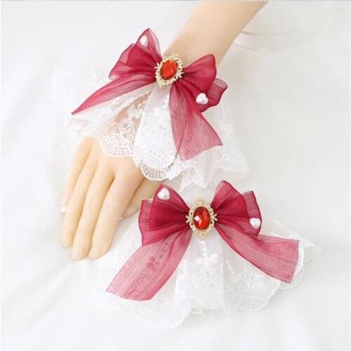 Sweet FlowerWedding Lolita Hand Wrist Cuffs Bow Lace Maid Gloves Cosplay Girl Party Hand Sleeves D701