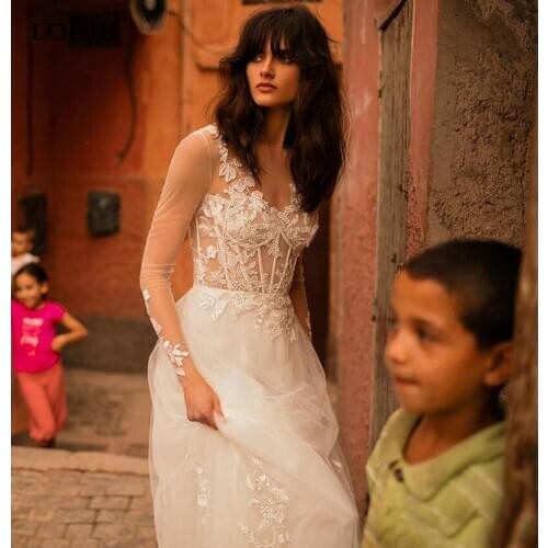 LORIE Bohemian A Line Wedding Dresses Long Sleeve Princess Wedding Gowns Vestidos de novia Appliques Bride Dress 2020