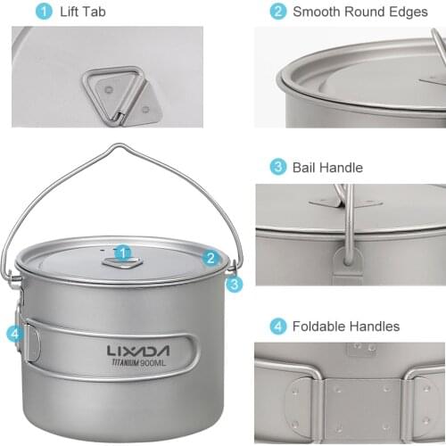 Lixada 750ml/900ml/1100ml Ultralight Titanium Pot Water Mug Cup with Lid and Foldable Handle Outdoor Camping Cooking Picnic