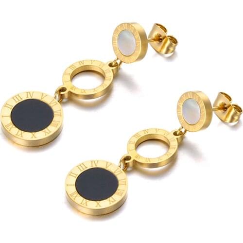 Trendy Stainless Steel 3Pcs Disc Roman Numerals Dangle Earrings For Women Girls Shell & Acrylic Bohemia Earrings E19184