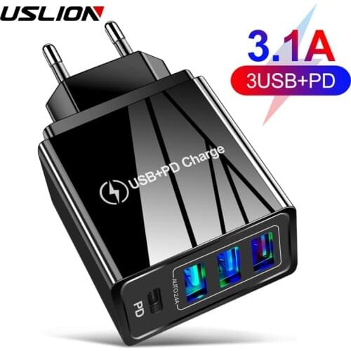 USLION PD20W+QC3.0 USB Fast Charge 3 Ports USB-C With PD Charging Wall Mobile Phone USB Charger Adapter Fast Charging Adapter