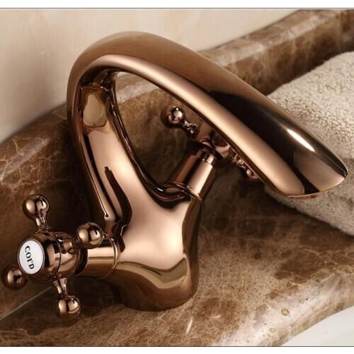 Vidric European luxury long neck rose gold brass sitting mounted crystal hand wheel single hole basin faucet hot cold mixer tap