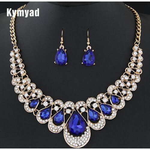 Kymyad Jewelry Sets For Women Fine African Beads Gold Color Bridal Crystal Pendant Necklace Earrings Set Wedding Jewelry Collier