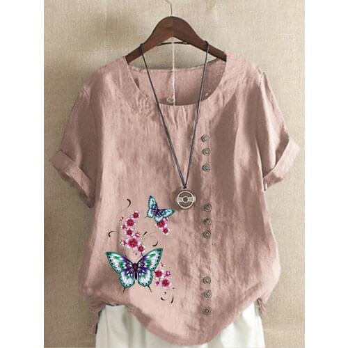 Womens Fashion Linen Flower Printed T-shirt Summer Short Sleeve Top O-Neck Loose Top S-5XL