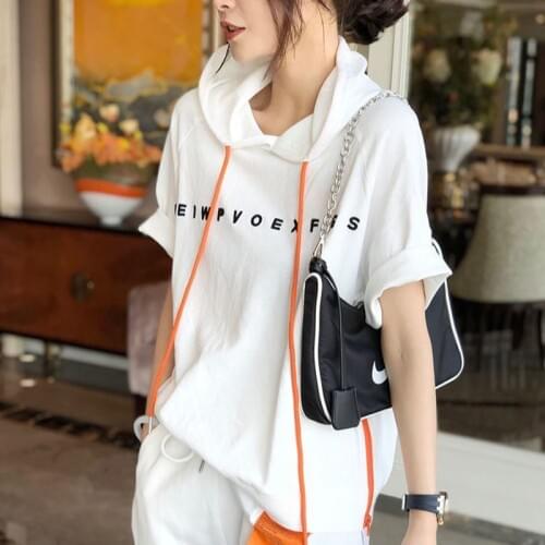 Summer Fashion Women Short Sleeve Loose T-shirt All-matched Casual Hooded Tee Shirt Femme Letter Print Tops 100% Cotton