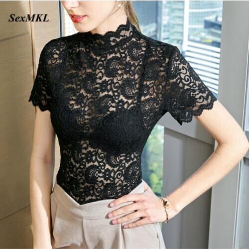 Summer Lace Tops Women 2020 Fashion Hollow Out White Lace Blouses Elegant Streetwear Clothe Office Sexy Transparent Black Blouse