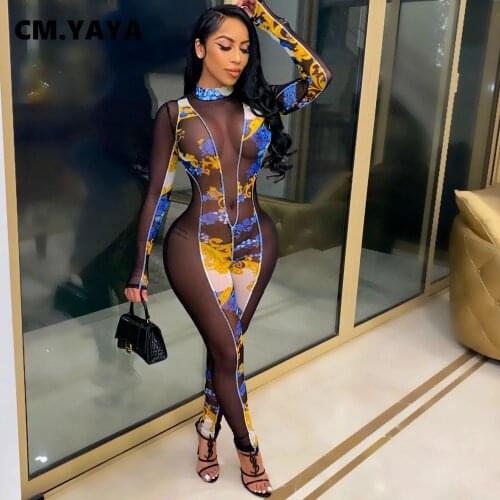 CM.YAYA Women Jumpsuit Mesh Patchwork Full Sleeve Half High Collar Stretchy Skinny Bodycon Pencil Jumpsuits Sexy Outfit Autumn