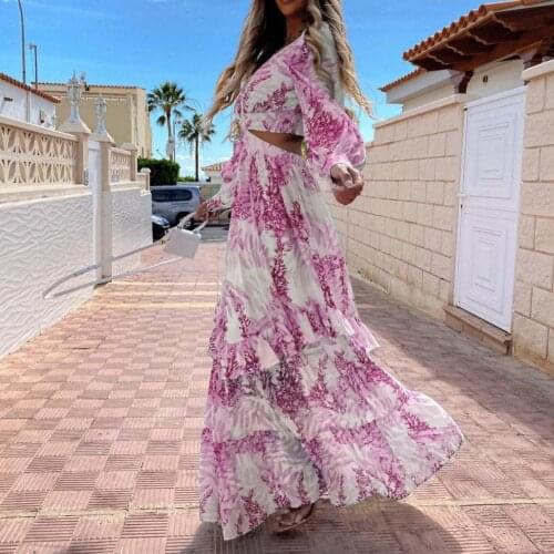Women Dresses Summer Dress Bohemian Maxi Dress Long Sleeve Large Hem Deep V Neck Floral Leaf Print Beach Wear платье летнее